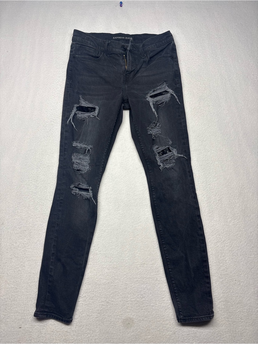 EXPRESS Mid-Rise Skinny Black Distressing w Sequins Legging Jeans  Size 4